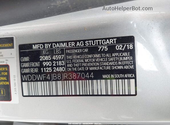 WDDWF4JB8JR387044 2018 MERCEDES-BENZ C-CLASS Silver Вид підкапотного простору
