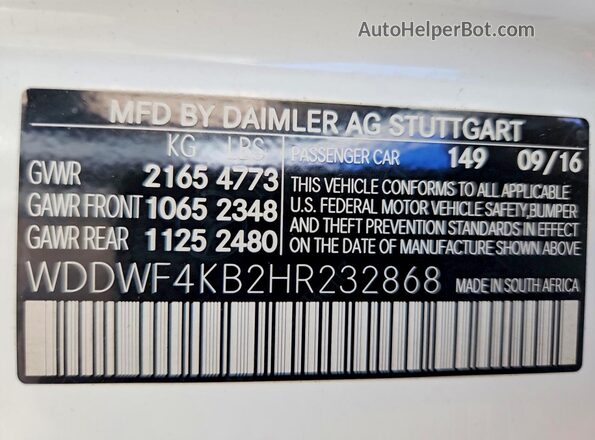 WDDWF4KB2HR232868 2017 MERCEDES-BENZ C White VIN sticker view
