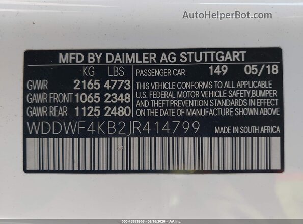 WDDWF4KB2JR414799 2018 MERCEDES-BENZ C-CLASS White Widok komory silnika