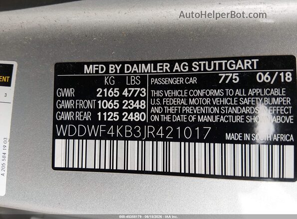 WDDWF4KB3JR421017 2018 MERCEDES-BENZ C-CLASS Silver Vista del compartimento del motor