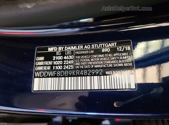 WDDWF8DB9KR482992 2019 MERCEDES-BENZ C Blue Widok naklejki z numerem VIN