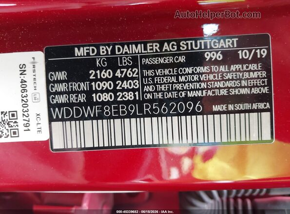 WDDWF8EB9LR562096 2020 MERCEDES-BENZ C-CLASS Red ძრავის განყოფილების ხედი