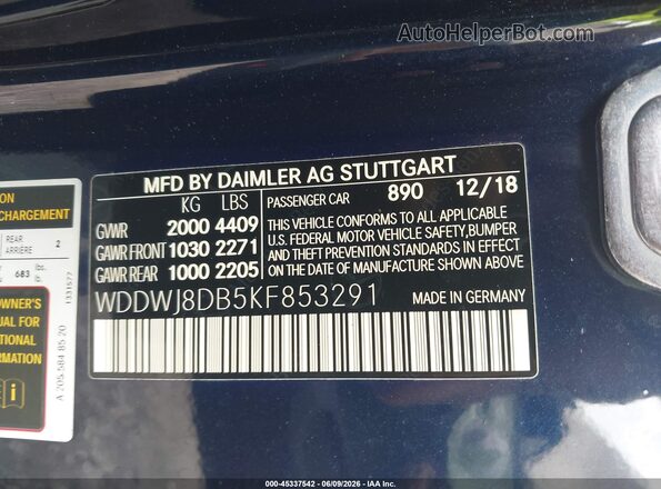 WDDWJ8DB5KF853291 2019 MERCEDES-BENZ C-CLASS Синий Вид подкапотного пространства