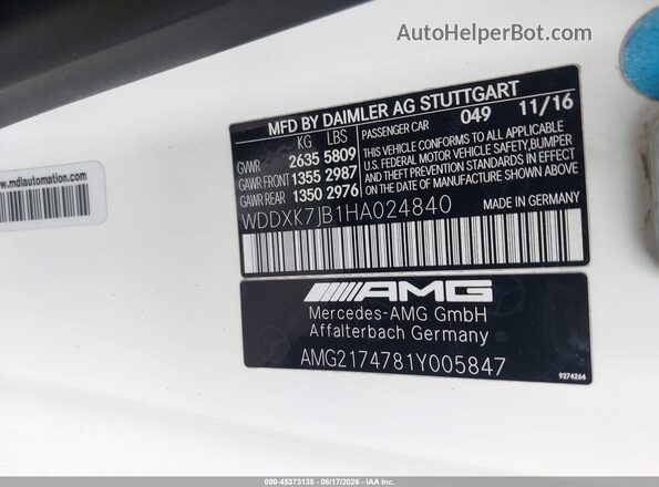 WDDXK7JB1HA024840 2017 MERCEDES-BENZ AMG S 63 White Widok komory silnika