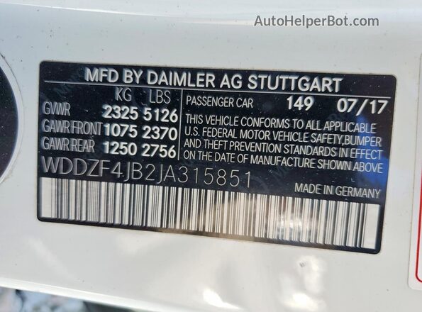 WDDZF4JB2JA315851 2018 MERCEDES-BENZ E White Widok naklejki z numerem VIN