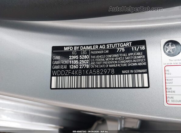 WDDZF4KB1KA582978 2019 MERCEDES-BENZ E-CLASS Silver Շարժիչի բաժամունքի տեսք