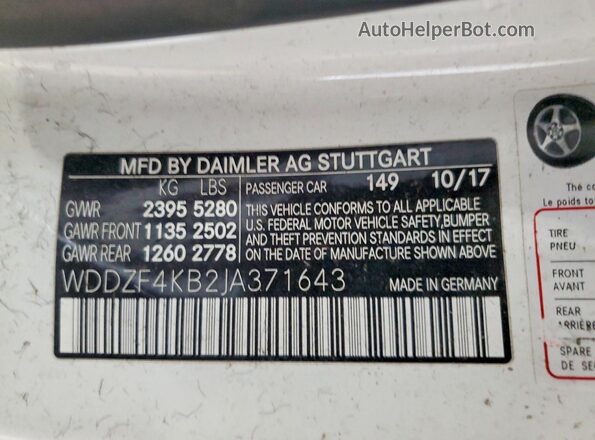 WDDZF4KB2JA371643 2018 MERCEDES-BENZ E Белый 