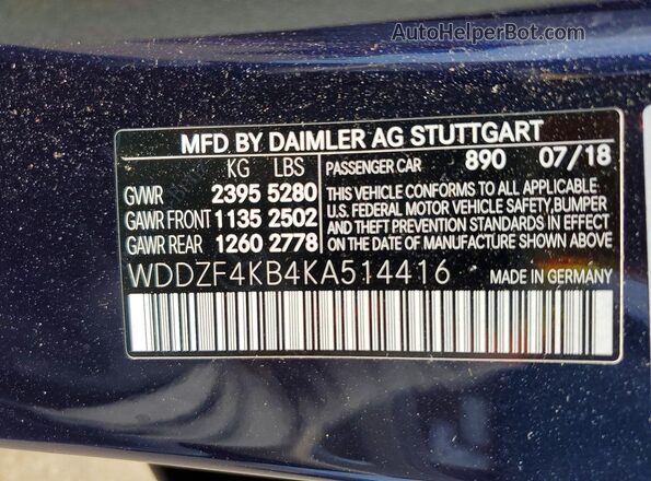 WDDZF4KB4KA514416 2019 MERCEDES-BENZ E Синий Вид наклейки с VIN-кодом