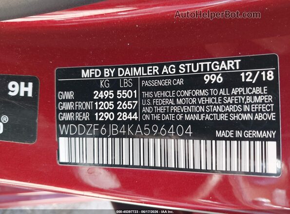 WDDZF6JB4KA596404 2019 MERCEDES-BENZ E-CLASS Maroon Շարժիչի բաժամունքի տեսք
