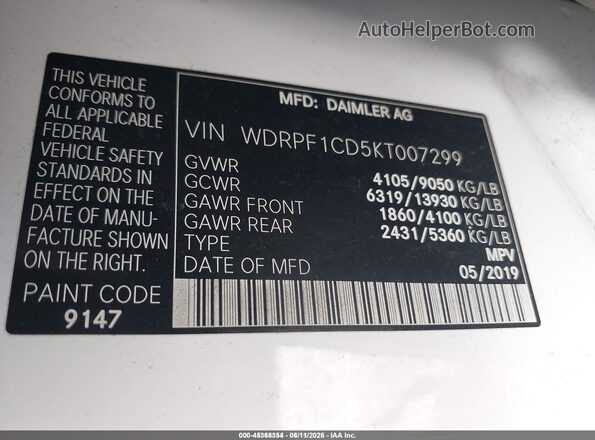 WDRPF1CD5KT007299 2019 FREIGHTLINER SPRINTER 2500 White Вид підкапотного простору