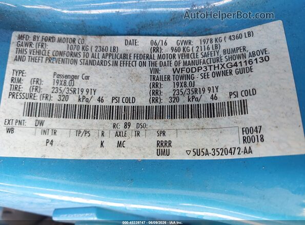 WF0DP3THXG4116130 2016 FORD FOCUS RS Blue Շարժիչի բաժամունքի տեսք