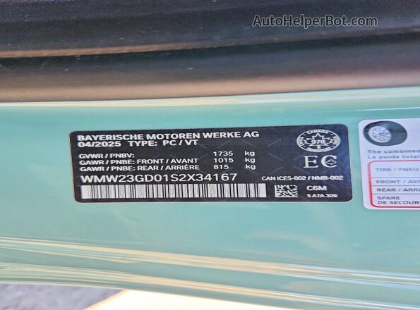 WMW23GD01S2X34167 2025 MINI COOPER Бирюзовый Вид наклейки с VIN-кодом