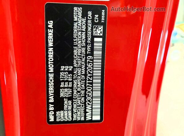 WMW23GD07T2Y20679 2026 MINI COOPER Red VIN კოდის სტიკერის ხედი