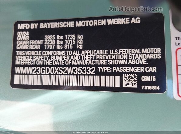 WMW23GD0XS2W35332 2025 MINI HARDTOP Blue Vista del compartimento del motor