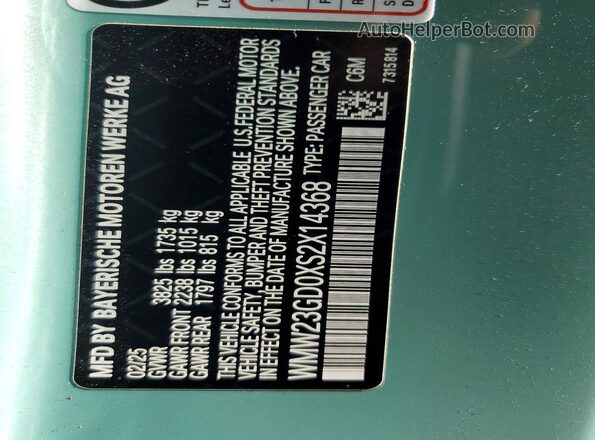 WMW23GD0XS2X14368 2025 MINI COOPER Бирюзовый Вид наклейки с VIN-кодом