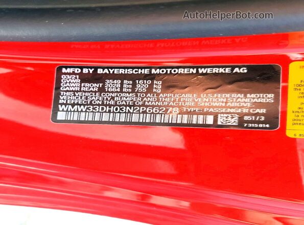 WMW33DH03N2P66278 2022 MINI COOPER Red 