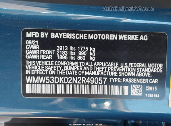 WMW53DK02N2R49057 2022 MINI HARDTOP Dark Blue Engine compartment view
