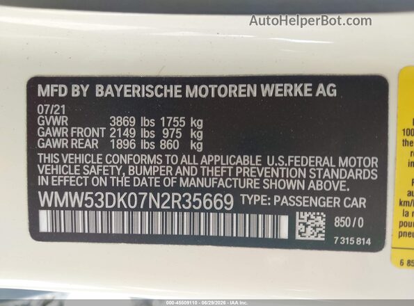 WMW53DK07N2R35669 2022 MINI HARDTOP White Engine compartment view