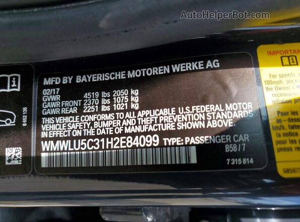 WMWLU5C31H2E84099 2017 MINI COOPER Серый Вид наклейки с VIN-кодом