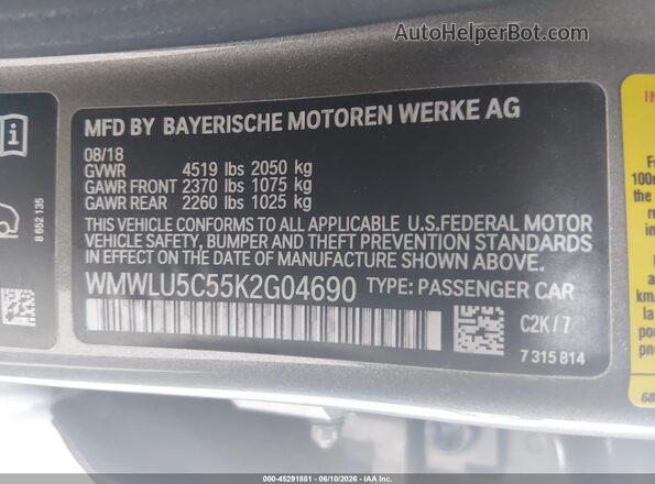 WMWLU5C55K2G04690 2019 MINI CLUBMAN Gray ძრავის განყოფილების ხედი