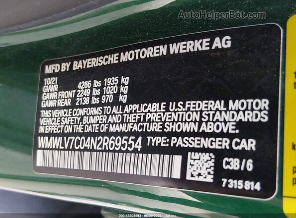 WMWLV7C04N2R69554 2022 MINI CLUBMAN Green ძრავის განყოფილების ხედი