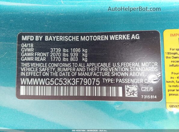 WMWWG5C53K3F79075 2019 MINI CONVERTIBLE Teal 