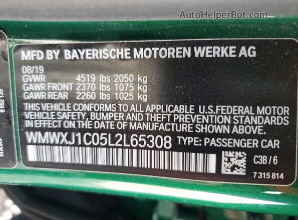 WMWXJ1C05L2L65308 2020 MINI COOPER Green VIN sticker view