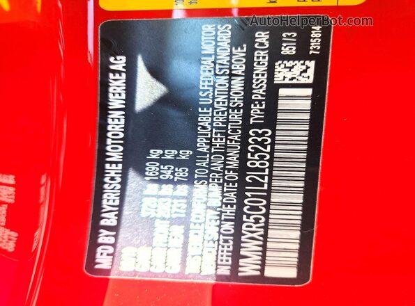 WMWXR5C01L2L85233 2020 MINI COOPER Red VIN sticker view