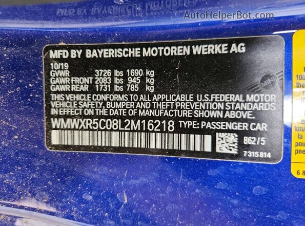 WMWXR5C08L2M16218 2020 MINI COOPER Blue 