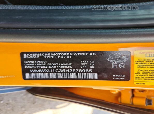 WMWXU1C35H2F78965 2017 MINI COOPER Yellow Widok naklejki z numerem VIN