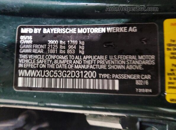 WMWXU3C53G2D31200 2016 MINI COOPER Green Vista del compartimento del motor