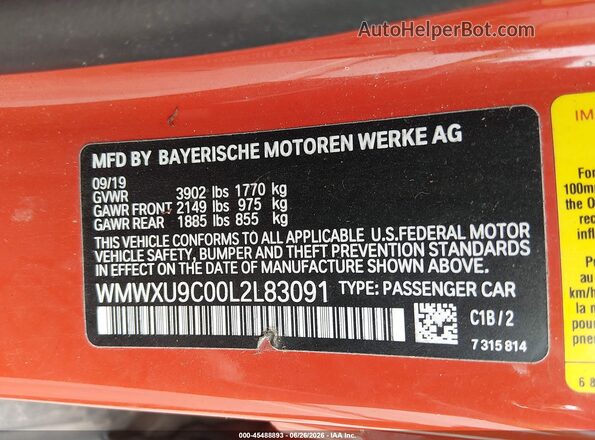 WMWXU9C00L2L83091 2020 MINI HARDTOP Red ძრავის განყოფილების ხედი