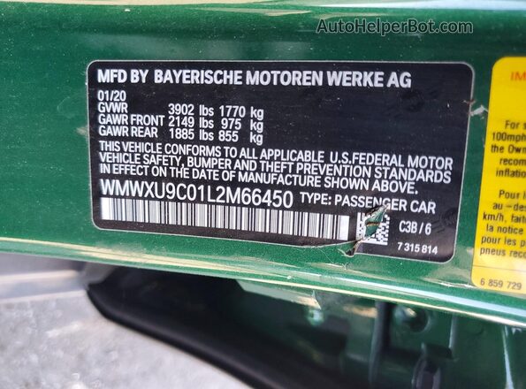 WMWXU9C01L2M66450 2020 MINI COOPER Green Widok naklejki z numerem VIN
