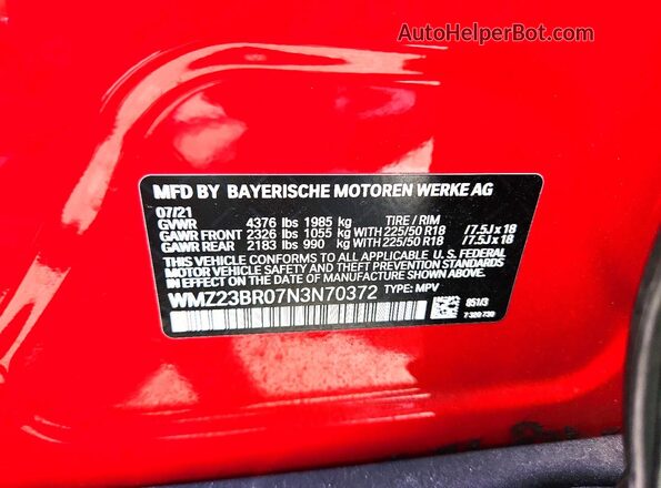 WMZ23BR07N3N70372 2022 MINI COOPER Red Շարժիչի բաժամունքի տեսք