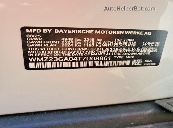 WMZ23GA04T7U08861 2026 MINI COUNTRYMAN White Вид наклейки з VIN-кодом