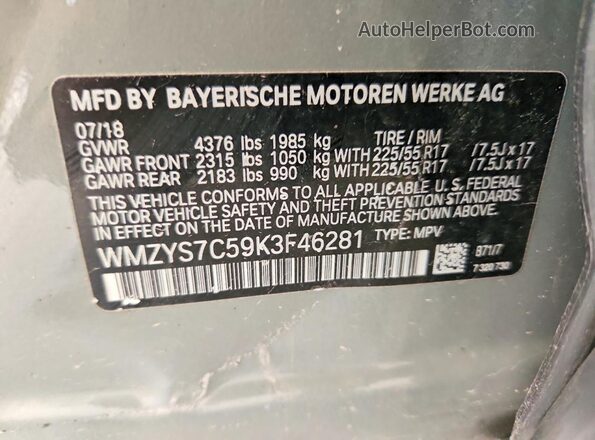 WMZYS7C59K3F46281 2019 MINI COOPER Gray 