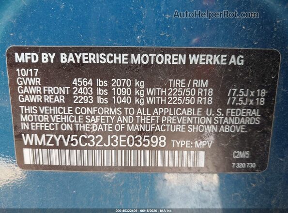 WMZYV5C32J3E03598 2018 MINI COUNTRYMAN Blue ძრავის განყოფილების ხედი