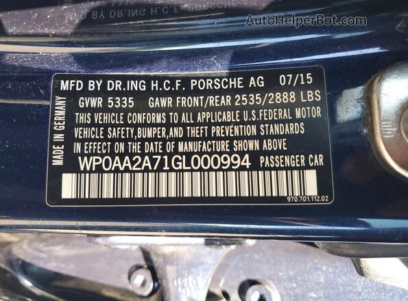 WP0AA2A71GL000994 2016 PORSCHE PANAMERA Blue VIN կոդի պիտակի տեսք