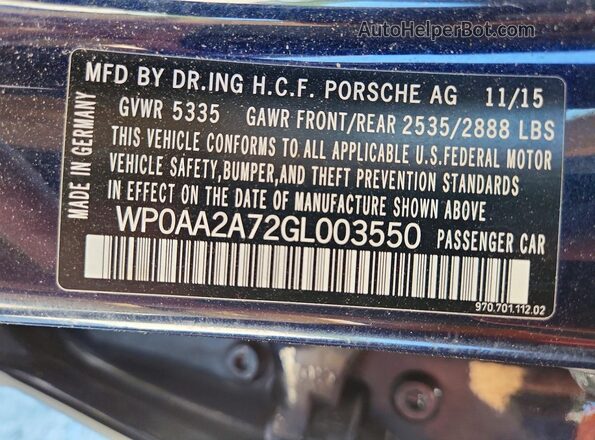 WP0AA2A72GL003550 2016 PORSCHE PANAMERA Blue Engine compartment view
