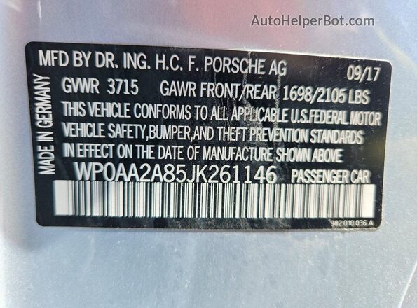 WP0AA2A85JK261146 2018 PORSCHE CAYMAN Silver VIN sticker view