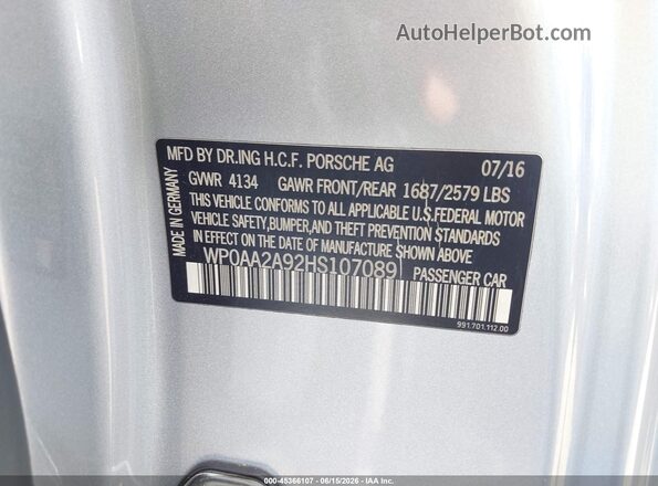 WP0AA2A92HS107089 2017 PORSCHE 911 Silver Engine compartment view