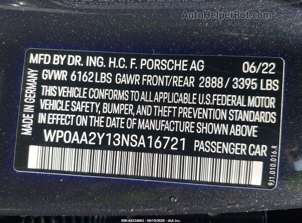 WP0AA2Y13NSA16721 2022 PORSCHE TAYCAN Gray ძრავის განყოფილების ხედი