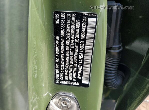WP0AA2Y14NSA16033 2022 PORSCHE TAYCAN Green VIN sticker view