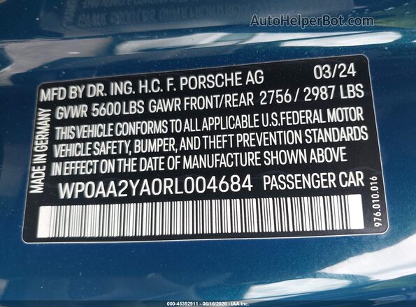 WP0AA2YA0RL004684 2024 PORSCHE PANAMERA Blue ძრავის განყოფილების ხედი