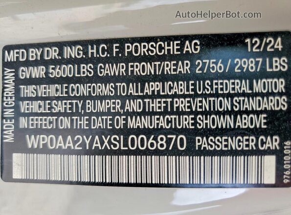 WP0AA2YAXSL006870 2025 PORSCHE PANAMERA Gray Панорамний вид салону 360°