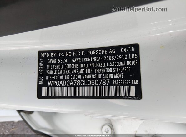WP0AB2A78GL050787 2016 PORSCHE PANAMERA White Շարժիչի բաժամունքի տեսք