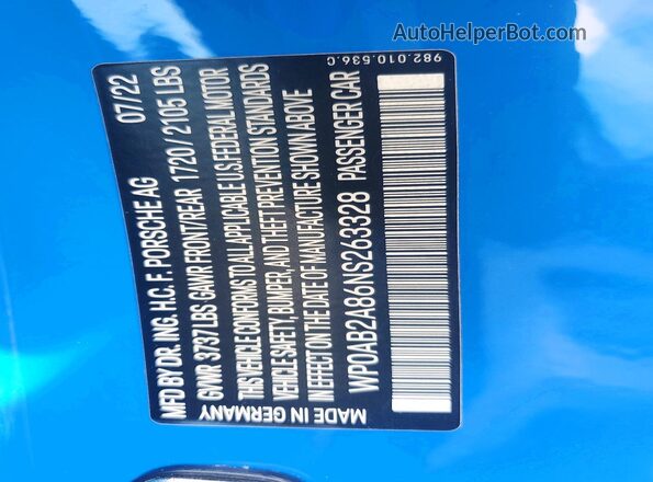WP0AB2A86NS263328 2022 PORSCHE CAYMAN Blue Շարժիչի բաժամունքի տեսք