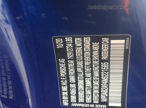 WP0AB2A94MS221585 2021 PORSCHE 911 Blue Engine compartment view
