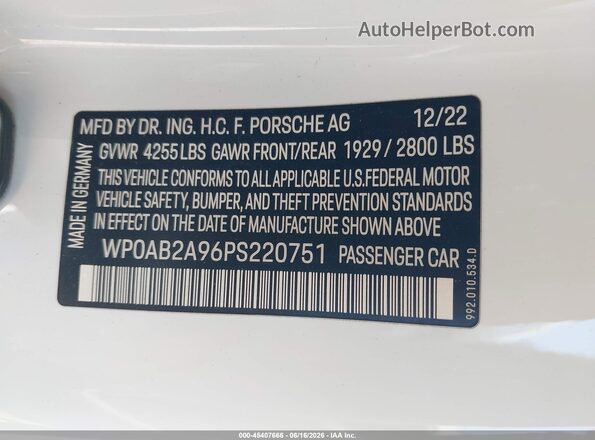 WP0AB2A96PS220751 2023 PORSCHE 911 Белый Вид подкапотного пространства