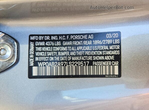 WP0AB2A97LS229517 2020 PORSCHE 911 Silver Engine compartment view